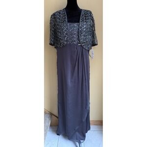 R&M Richard's Long Evening Gown 2pc Dress Jacket Silver  Gray Size 14 NWT